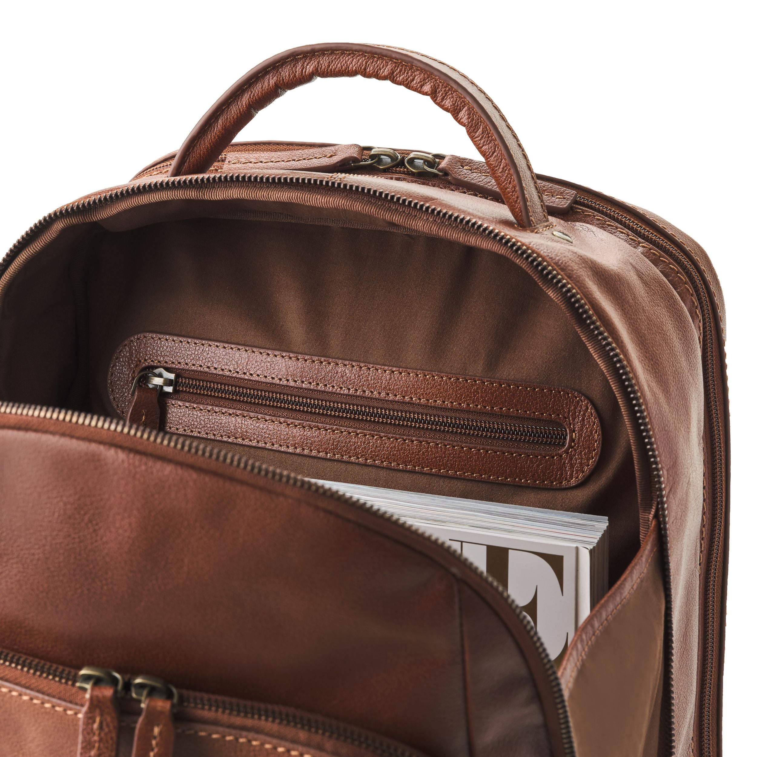 DR00507 - Leder Business Rucksack mit vielen Fächern und 15" Laptopfach Frederico für Herren und Damen in Luxus-Premium-Qualität in Kastanien-Braun - innen 2