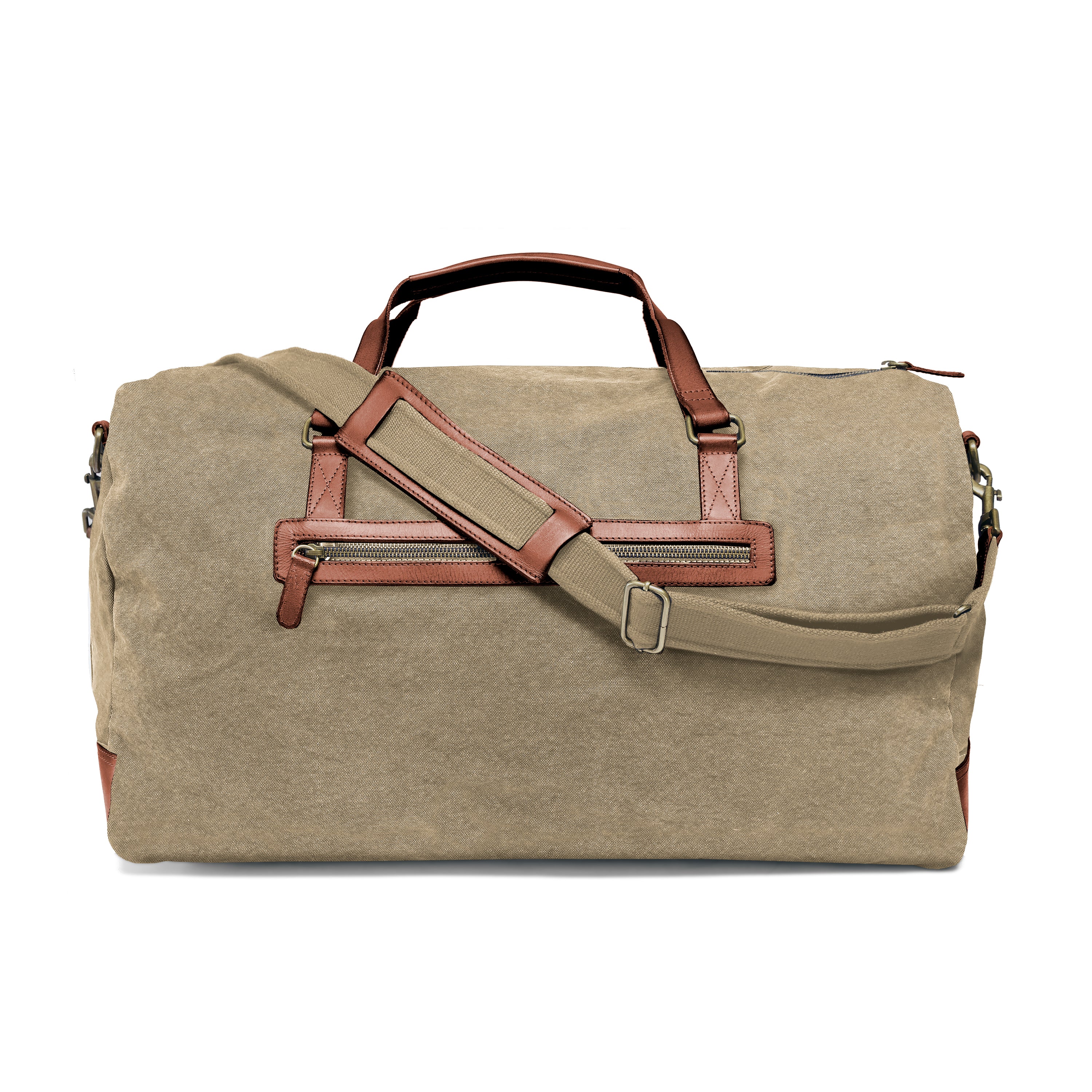 DR00104 - Große XL Reisetasche »Steve« Baumwolle, Leder, Safari-Style | Khaki-Beige, Rückansicht mit RV-Fach und Schultergurt