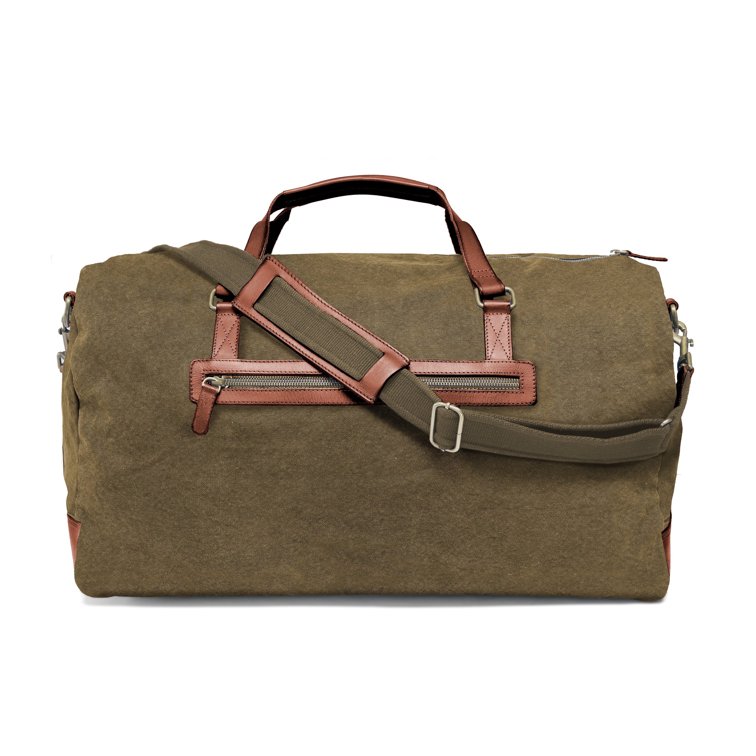 DR00124 - Große XL Reisetasche »Steve« Baumwolle, Leder, Safari-Style | Oliv-Grün, Rückansicht mit RV-Fach und Schultergurt