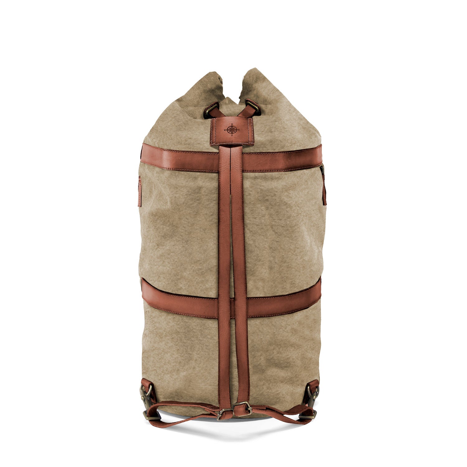 DR00105 - Großer Seesack »Robin« (L) und Rucksack aus Baumwolle und Leder | Khaki-Beige, Rückansicht mit Tragegurten