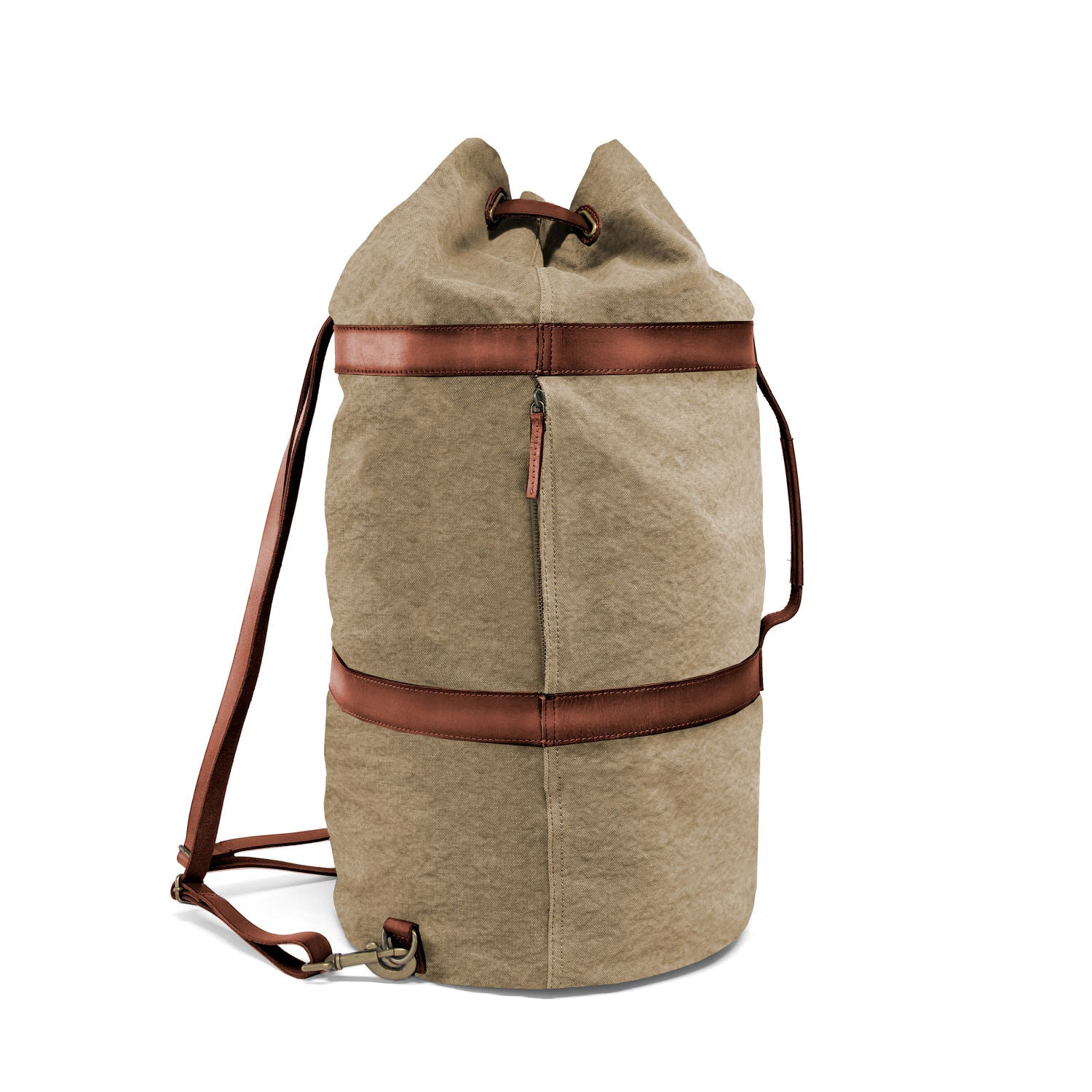 DR00105 - Großer Seesack »Robin« (L) und Rucksack aus Baumwolle und Leder | Khaki-Beige, Seitenansicht mit RV-Fach