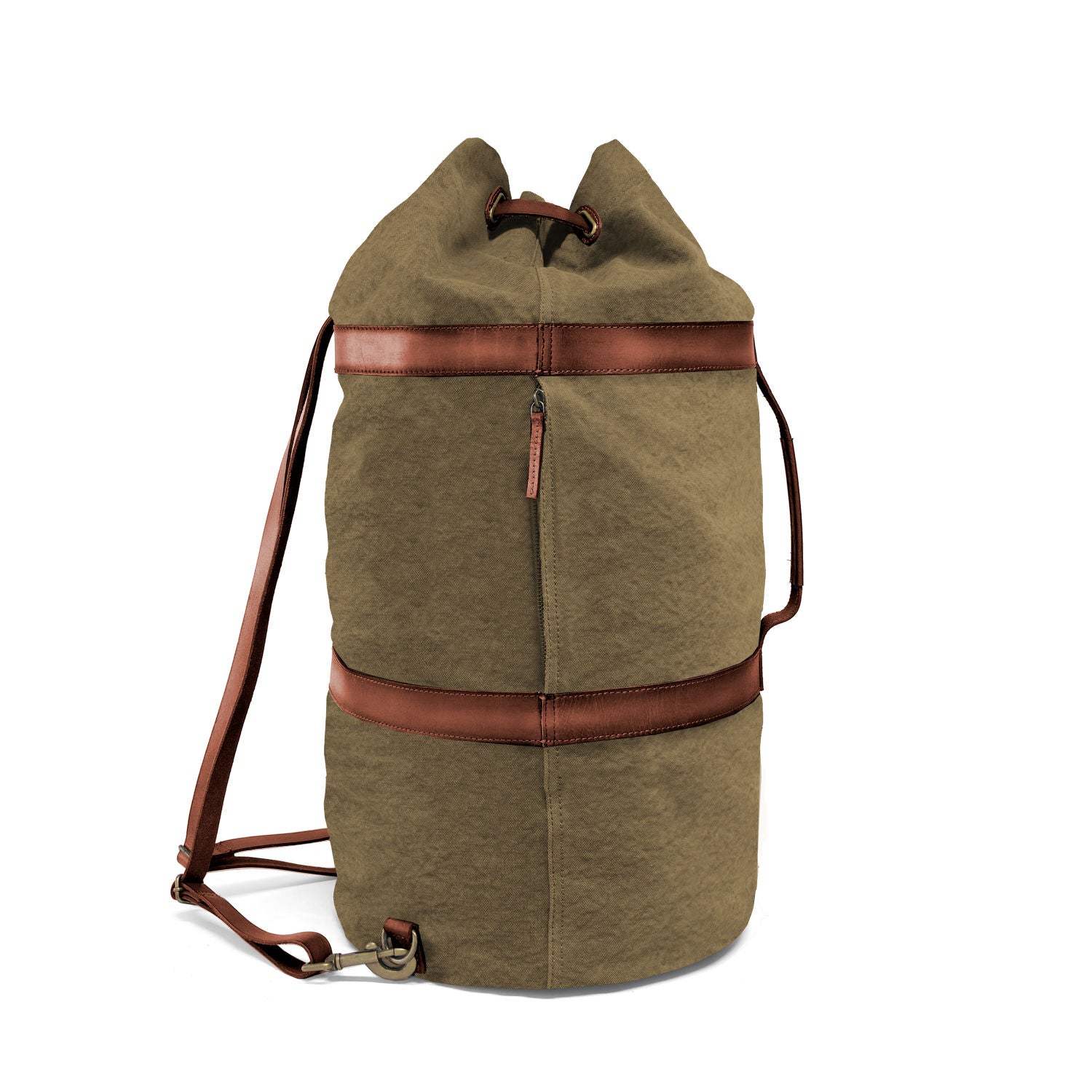 DR00125 - Großer Seesack »Robin« (L) und Rucksack aus Baumwolle und Leder | Oliv-Grün, Seitenansicht mit RV-Fach