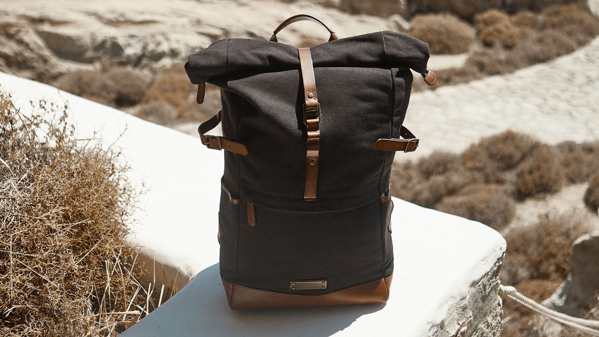 Rolltop backpack Wyatt canvas leather with laptop compartment DRAKENSBERG